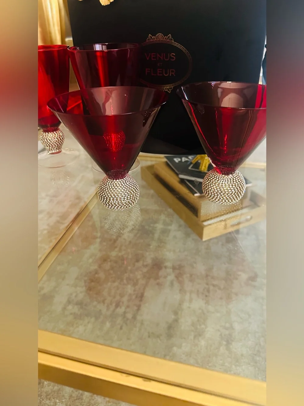 Crystal Red Martini Glasses with Rhinestone Ball Stem